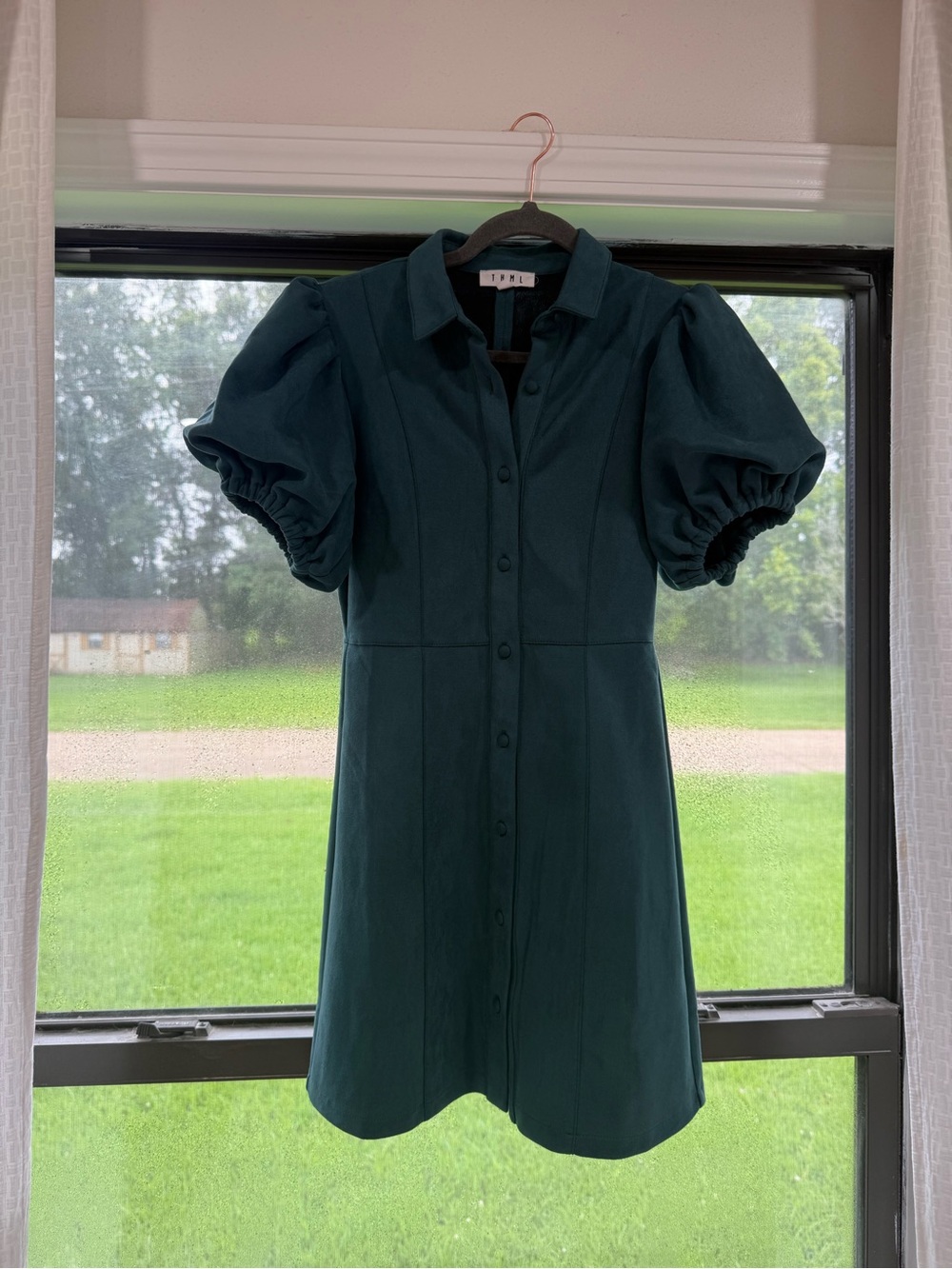 THML Forest Green Puff-Sleeve Mini Dress